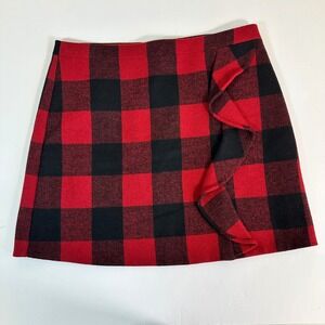 J.Crew Wool Blend Plaid Mini Skirt‎ 12 Red Black Ruffle Holiday Winter Classic